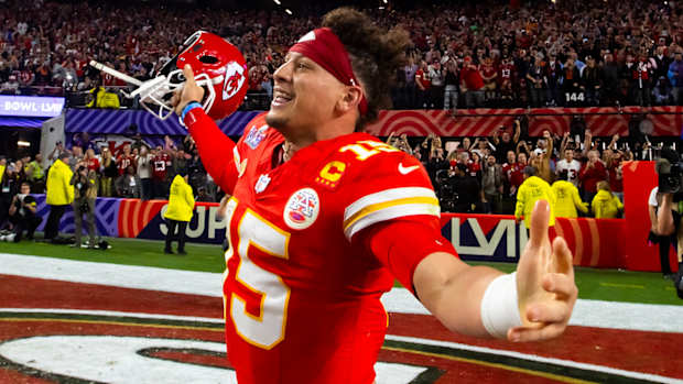 Kansas Cit5y Chiefs quarterback Patrick Mahomes celebrates after winning Super bowl LVIII